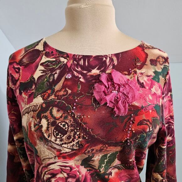 Coldwater Creek Womens Beaded Embellished Rosette Floral Top Red Pink Medium - Picture 5 of 12
